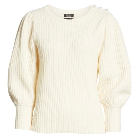 Cream Wool Cashmere Puff Sleeve Sweater Pearl Shoulder Coquette Winter Knit L - Picture 7 of 7